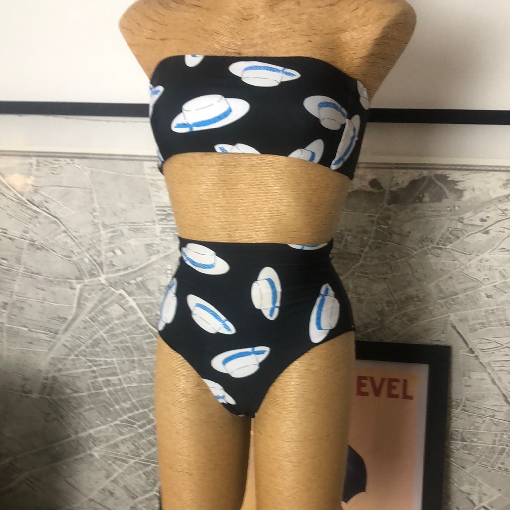 Molamola 3 Pieces Black Strapless Bikini With Hat Print